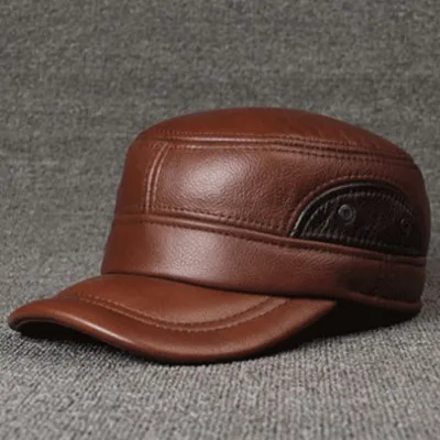 SILOQIN, мужские шапки из натуральной кожи, плоская кепка, брендовая бейсболка s для мужчин, регулируемый размер, шапка из воловьей кожи, наушники, кепка для папы - Цвет: brown