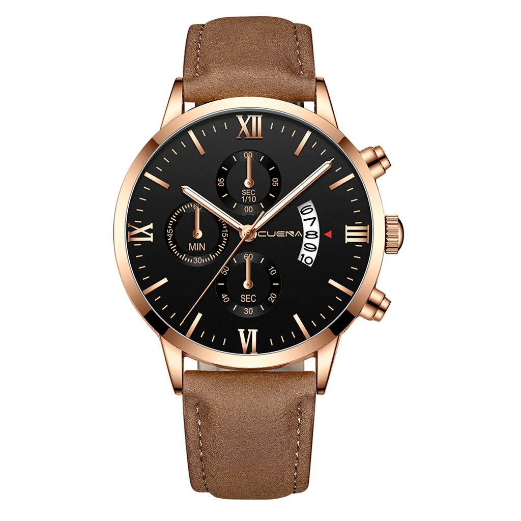 CUENA Brand Men's Wrist Watch Sport Stainless Steel Case Leather Band Quartz Analog watch man watches mens relogio masculino