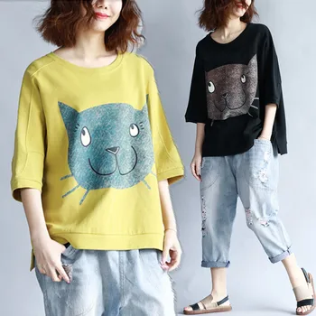 

BIG SIZE Summer Women Fashion Kawaii Cat Print Tops Tee Ladies Female Plus Large Short Sleeve Cotton T shirt Blusas