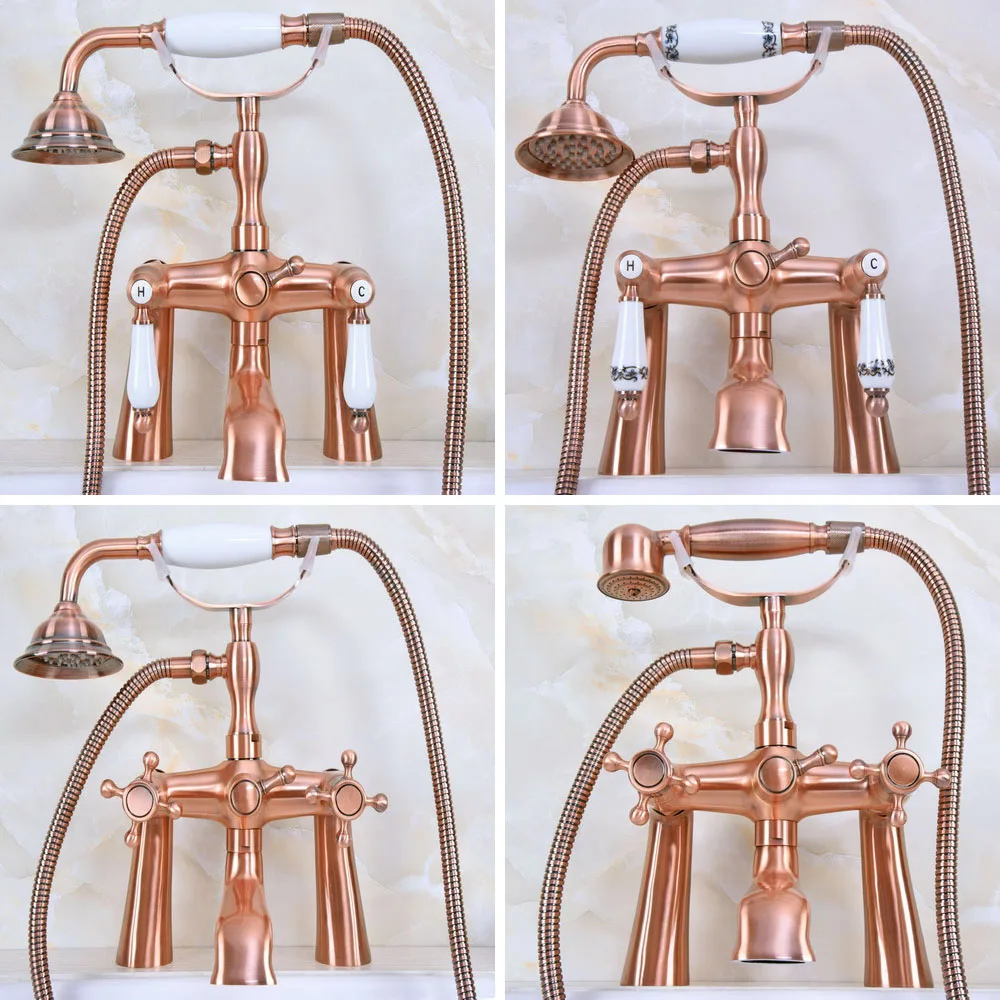 

Antique Red Copper Deck Mount ClawFoot Bath Tub Faucet With Telephone Style Hand Held Shower Head - Bathroom Plumbing ana174