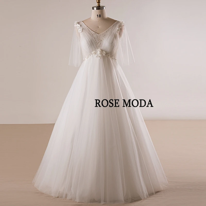 Роза Мода размера плюс свадебное платье с рукавами v-образным вырезом Бохо размера плюс свадебные платья на шнуровке сзади на заказ Реальные фотографии