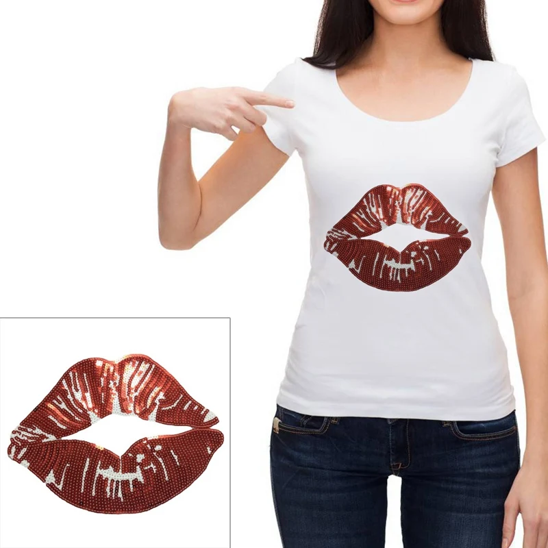 

Sexy B^ig re^d Lips Sequins Patches Applique iron on Embroidered for Clothes Sticker Diy Party decororation supplies 2018 New
