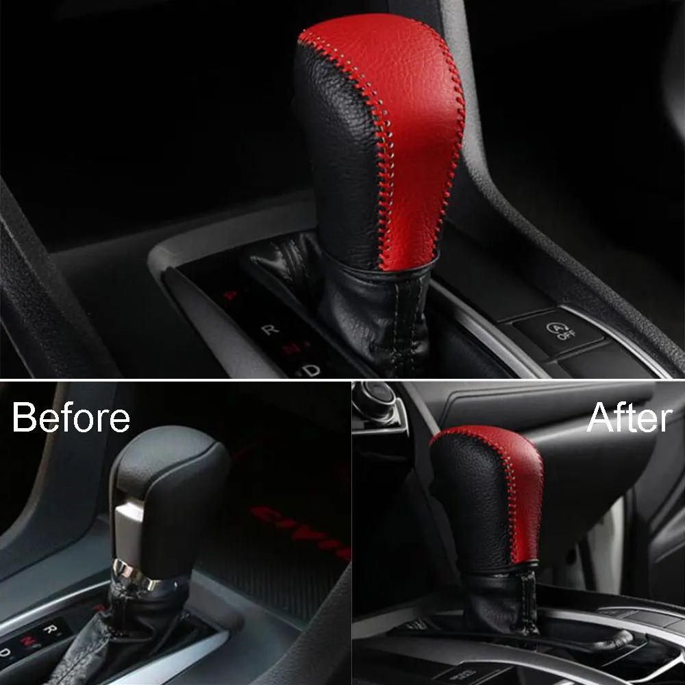 

1pcs Leather Black&Red Gear Shift Knob Head Grip Cover Shell Trim Bezel Car Accessories Fit For Honda Civic 2016-17 Car-Styling