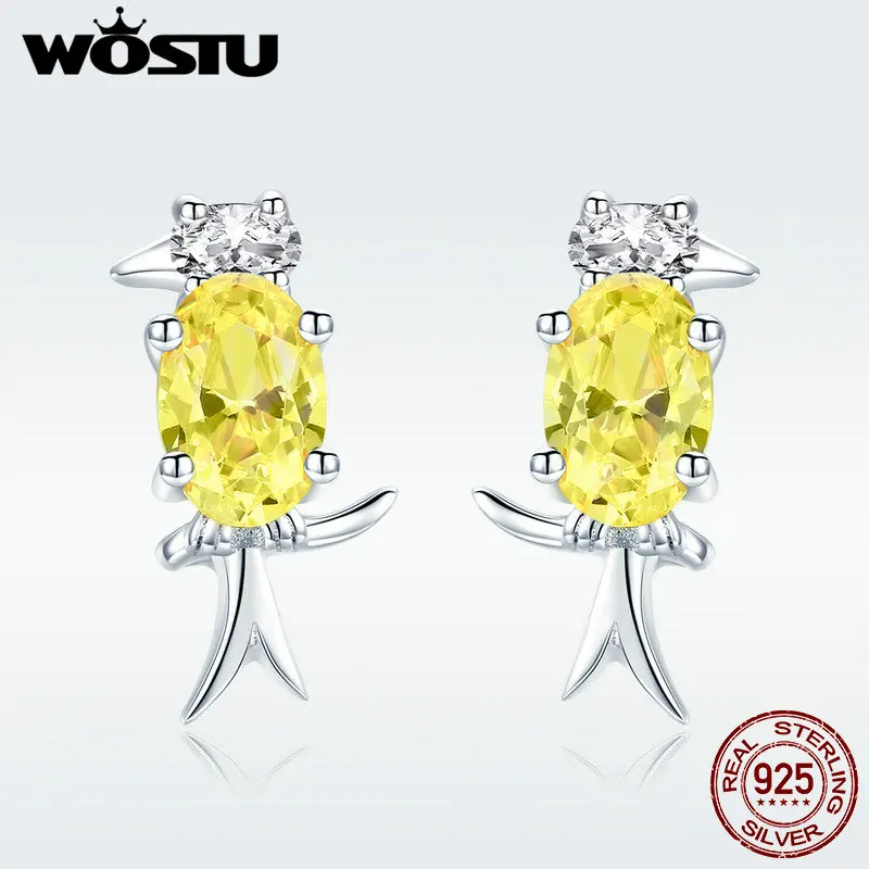 

WOSTU Original Real 925 Sterling Dazzling Bird Stud Earrings For Women Cubic Zirconia Oval Gold Stone Fine Jewelry Gifts DXE435