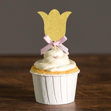 Пользовательские лук и золото/серебро блестящий цветок кекс Picks выбор, ребенок душ девушки день рождения/Фея Сад вечерние украшения