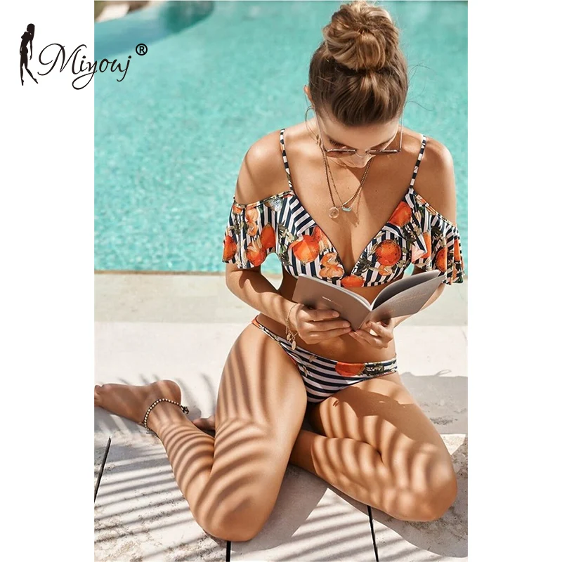 

Miyouj Off Shoulder Ruffle Bikini 2019 Floral Swimsuit Female Bandage Stripe Swimwear Bandeau String Biquinis Push Up Bikini Set