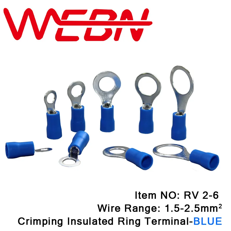 

RV2-6 Crimping Insulated Ring Terminal 0.8mm Thick Copper&PVC Material Blue for Wire Range 1.5-2.5mm2 16-14 AWG 1000pcs/Pack