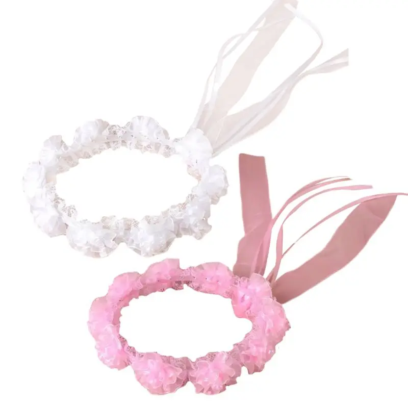 

Child Girl Wedding Headband Artificial Mesh Flower Adjustable Ribbon Crown Wreath Faux Pearl Beading First Communion Photo Props