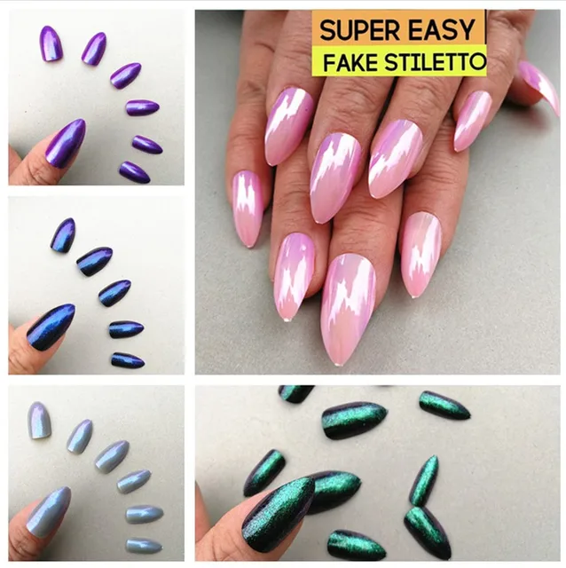 beauty fake nails glitter chrome nail stiletto tips pre glue beauty fake nails glitter chrome nail stiletto tips pre glue artificial fingernails manicure press on