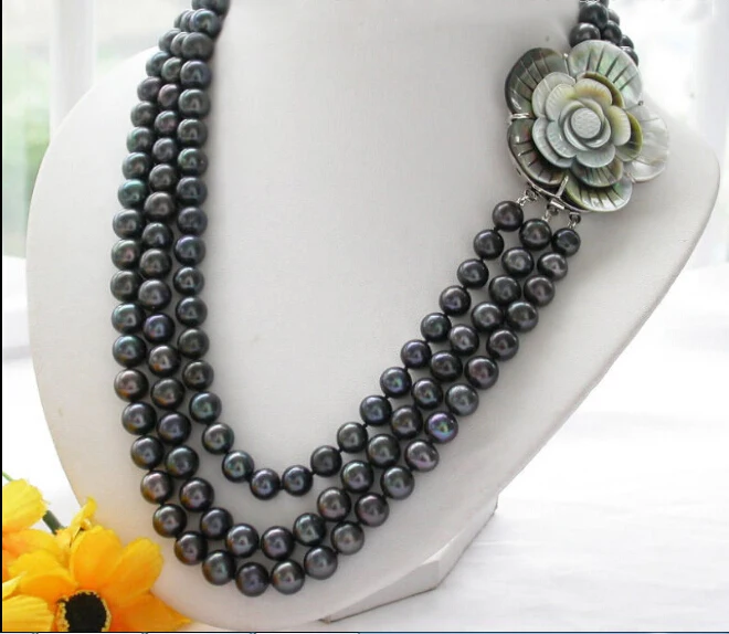 

3row 17" 10mm ROUND TAHITIAN BLACK PEARL NECKLACE