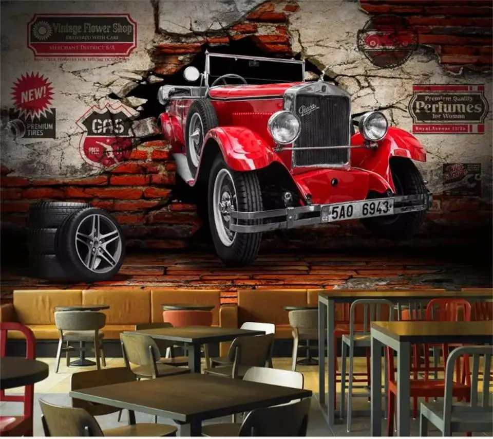 

custom 3d photo wallpaper kids room mural old vintage car breaking wall 3d picture sofa TV background non-woven wallpaper mural