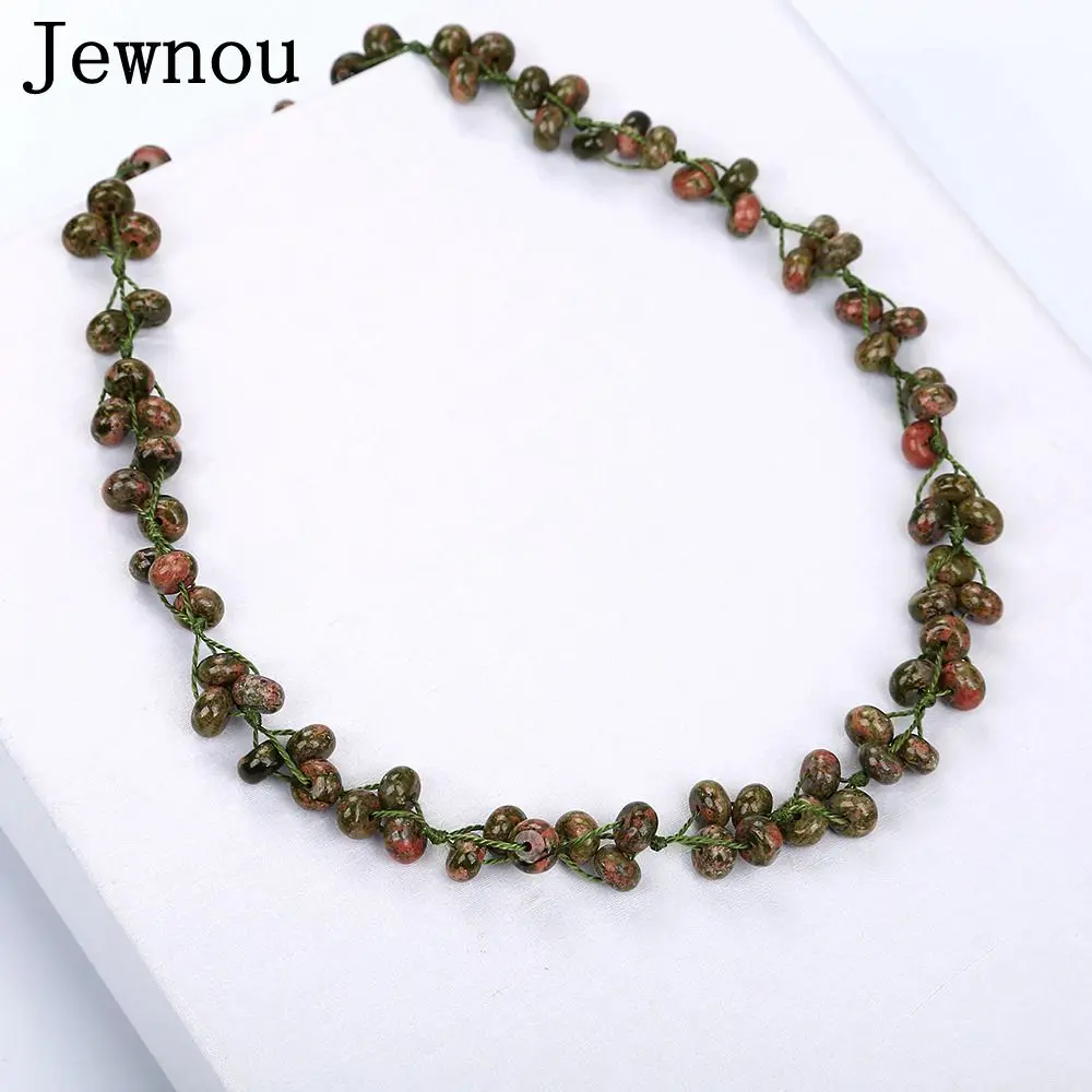 

Jewnou Unakite Necklace Simple Woman Reiki Gift Statement Natural Gemstone Bead Chain Fashion Men Energy Elastic Vintage Jewelry