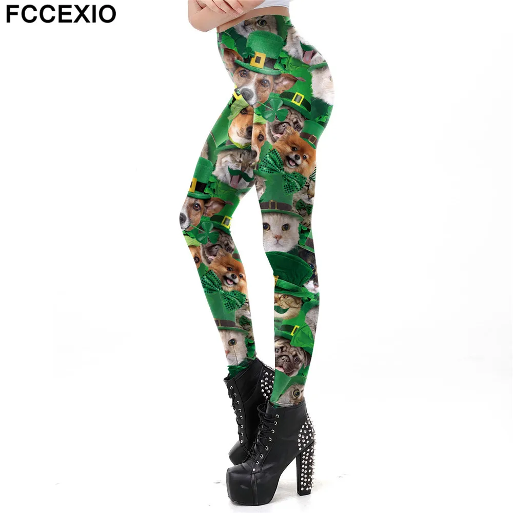 FCCEXIO 6 цветов зеленый Lucky Clover Леггинсы для женщин для день Патрика 3D Леггинсы с принтом тренировки брюки девочек фитнес плюс размеры