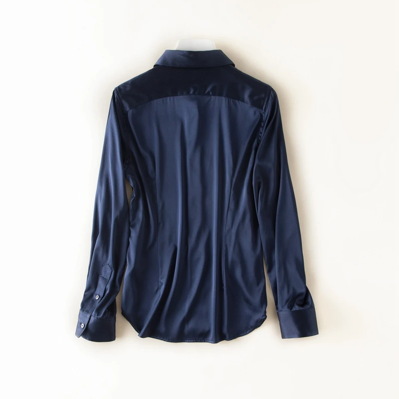 

2019 Spring Satin Silk Turn-down Collar Long Sleeves OL Ladies Shirt Women Solid Comfort Elegant 19 Momme Real Silk Shirt