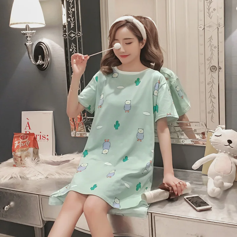 Women Cute Print Sweet Nightdress Cotton Soft Short Sleeve Sleepwear