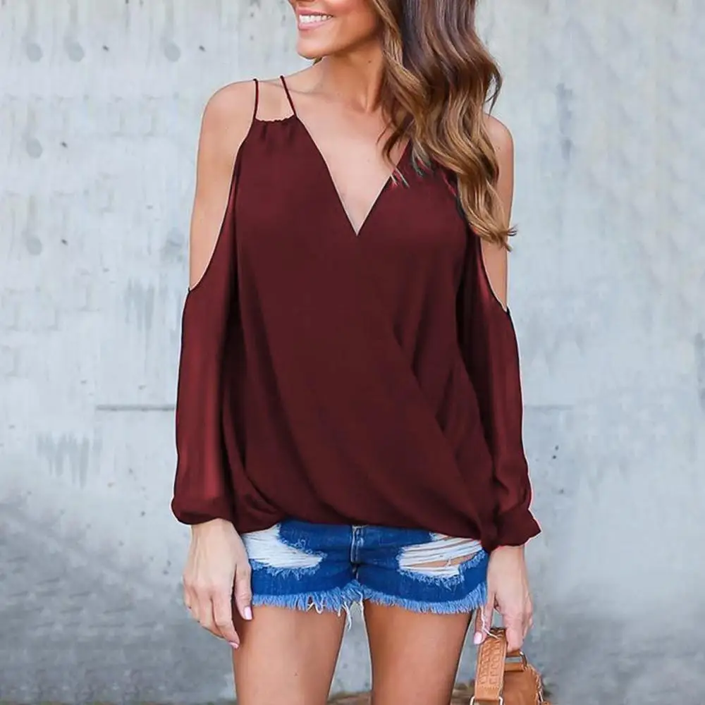 

New Fashion Women V-Neck Solid Color Hollow Back Flat Shirt