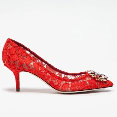 Кружевные свадебные туфли-лодочки; женские свадебные туфли на каблуке 9-6 см с кристаллами; женские разноцветные туфли на высоком каблуке; Zapatos De Mujer - Цвет: Red 6cm