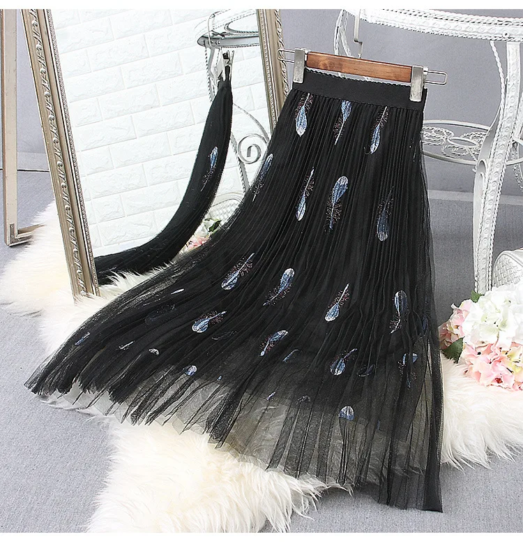 Pleated mesh yarn skirt 2018 Spring new Korean embroidery skirt Alice