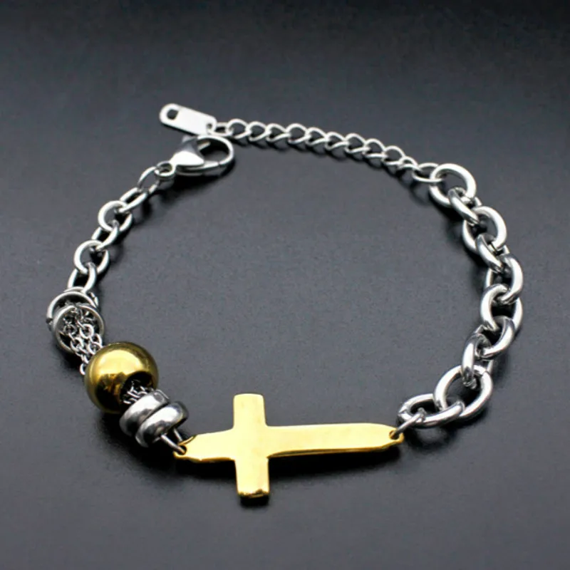 Stainless Steel Bracelet Cross men's bracelet Gold Color Beads Bracelet for Women couple bracelets Fashion Jewelry Drop Shipping