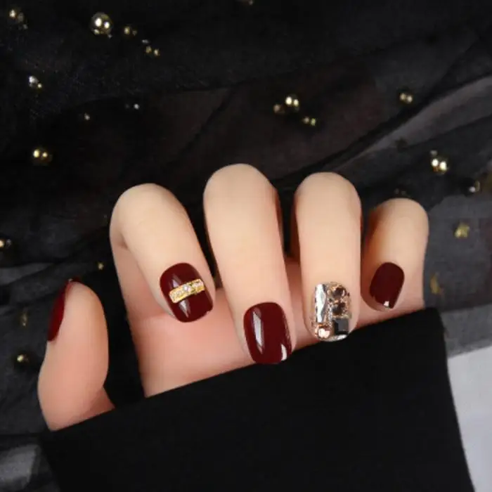 Unha com Cola Elegante Brilhante Diamante Vento Vermelho Arcylic Falso Unhas Dicas Manicure Ferramenta Curto Cobertura Completa 3d Arte Adesivos 24 Pçs 1 Unhas postiças