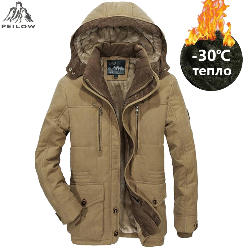 Beste PEILOW plus size L ~ 5XL 6XL Mannen Winter fleece Warme Dikke Jas Mannen Bovenkleding Winddicht Casual Jas met Capuchon heren Parka