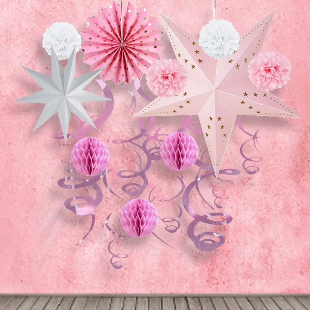 

Sunbeauty 11 Pieces/set Baby shower decorations Pink paper tissue pompoms balls Stars Hang Swirl For Birthday decorations party