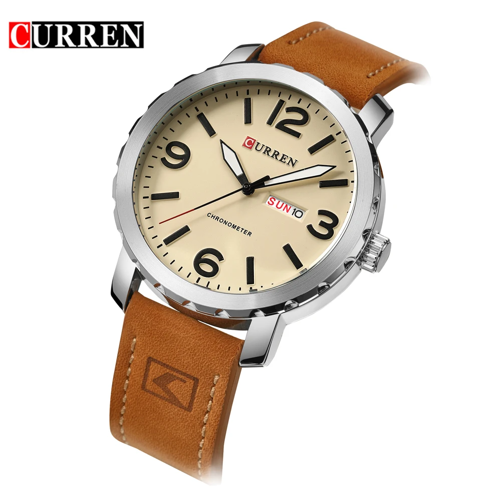 

Curren Men Sport Watches Calendar Week Display Brown Leather Waterproof Military Quartz Wrist Watch Male Clock Relogio Masculino