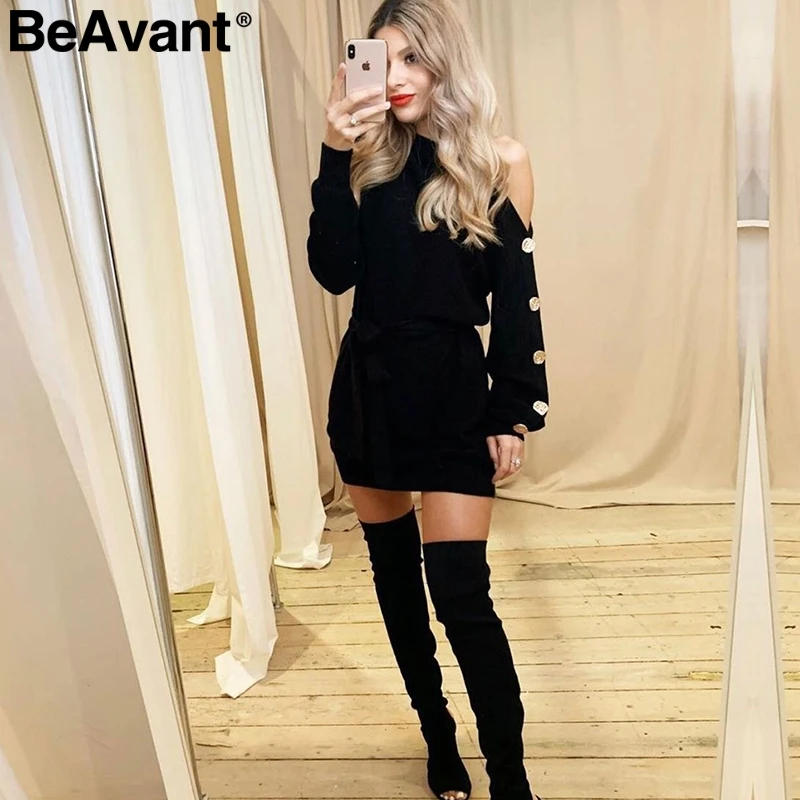 BeAvant Elegant one shoulder knitted dress women Fashion buttons sash female autumn dresses Casual loose winter ladies vestidos - Color: Black