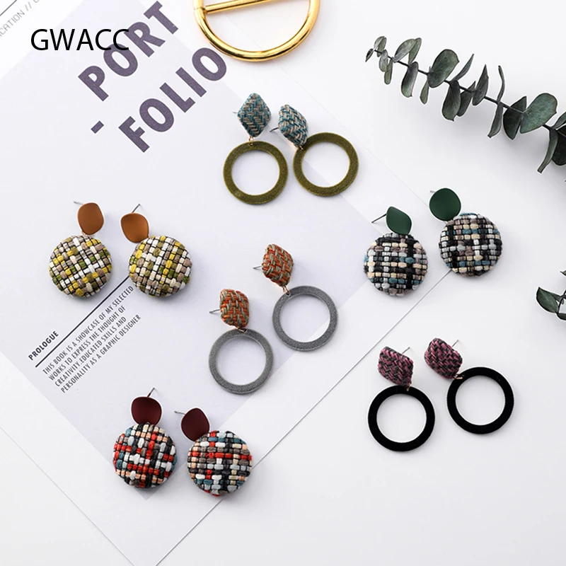 

GWACC Wool Drop Earrings For Women New Velvet Cloth Stripe Geometric Colourful Round Hollow Acrylic Long Drop Earrings Jewelry