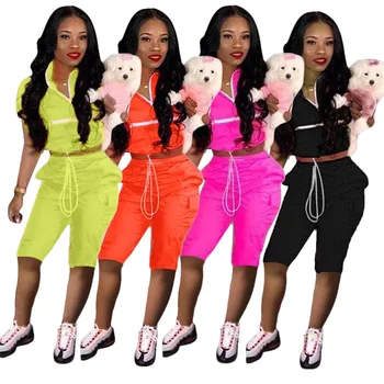 

2020 new women zip up neck short sleeves trench safari long pants suits two pieces set sporting tracksuit outfit