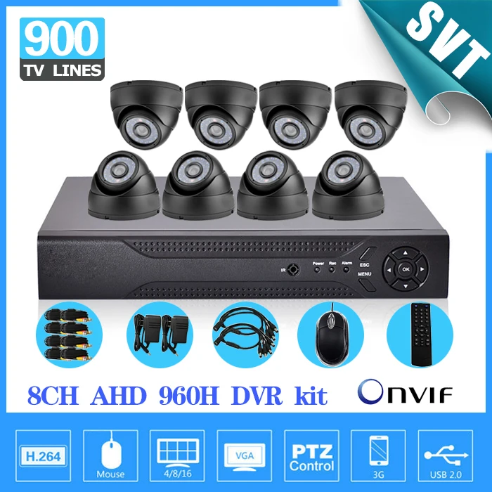 8 channel CCTV DVR NVR HVR kit 8pcs 900tvl security indoor dome camera