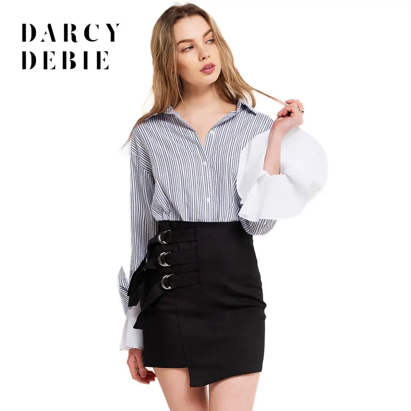 Darcydebie Women Simple splicing split horns lotus leaf sleeves striped shirts Casual Fashion Turn-down Collar Blouses Tops |