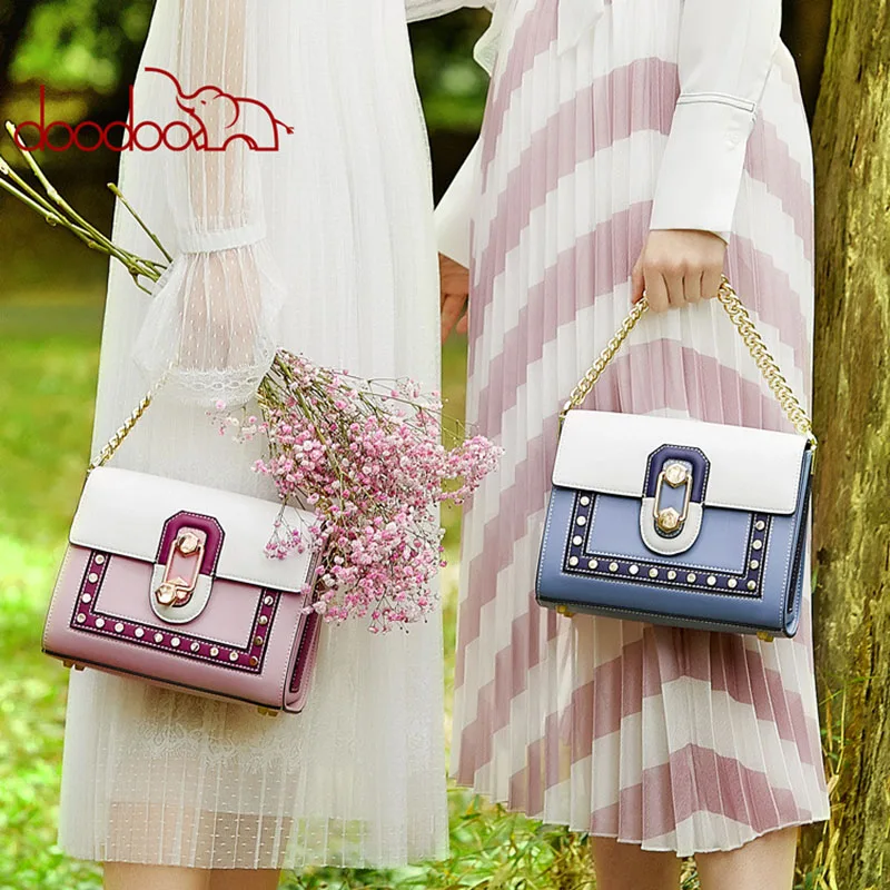 

DOODOO 2019 fashion women's handbag Rivet small square bag Stitching Shoulder Messenger Bag PU Leather top-handle bags