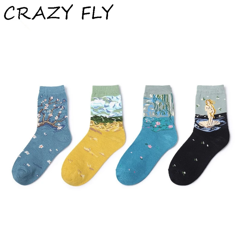 

CRAZY FLY Retro Women Art Van Gogh Socks Mural World Famous Oil Painting Series Men Socks Funny Socks Cotton Long Oil Socks 2019