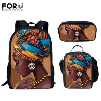 

FORUDESIGNS Fashion 3Set Kid School Bags Black Art African Girls Print Women Kindergarten Schoolbag Women Large Backpack Satchel