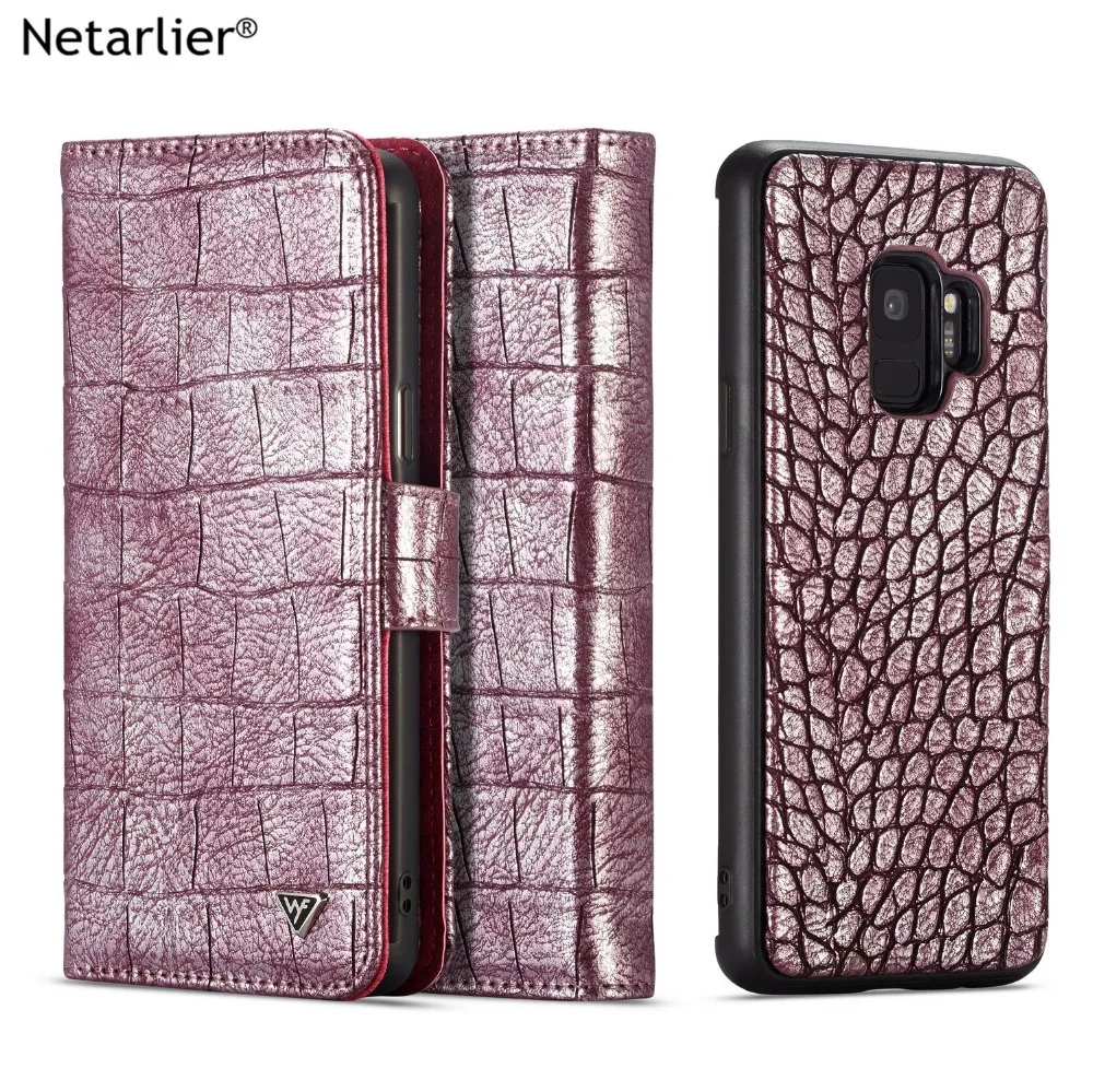 

Netarlier vintage crocodile leather flip phone case for Samsung Galaxy S9 kickstand wallet card pocket random leather case cover