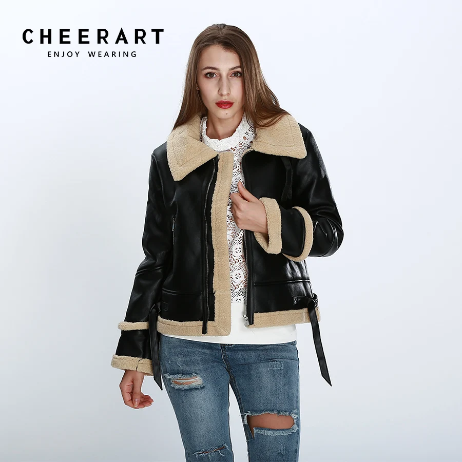 Cheerart 2017 Thick Winter Snow PU Leather Jacket Women Black Biker Lambs Wool Warm Anorak Moto 