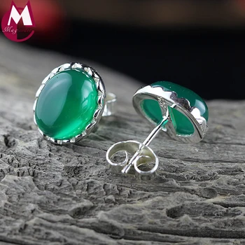 

New Arrival 100% 925 Sterling Silver Earrings For Women Simple Natural Stone Green Agate Stud Earrings Silver 925 Jewelry SE114