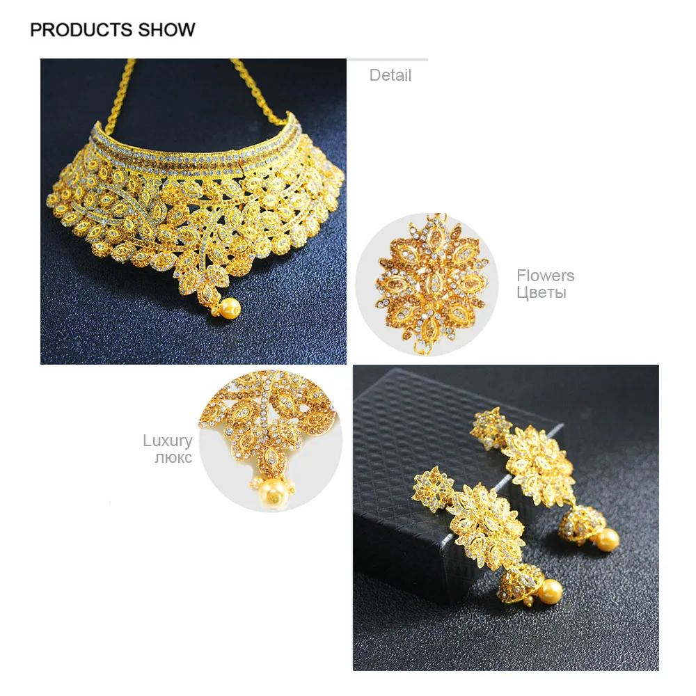 JUST FEEL Дубай золотые ювелирные наборы индийские Роскошные бусины-стразы цветок Мода ожерелье серьги головной убор свадьба для женщин