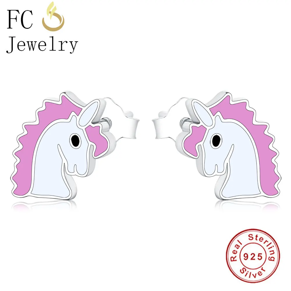 FC ювелирные изделия из стерлингового серебра 925 крошечные милые маленькие розовые эмалированные пони, единорог лошадь серьги-гвоздики для девочек Женская мода Рождество Brincos