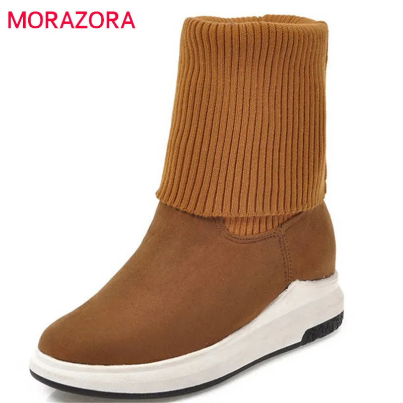 

MORAZORA 2020 newest flock round toe ankle boots for women short plush sock boots slip on fashion platform shoes woman