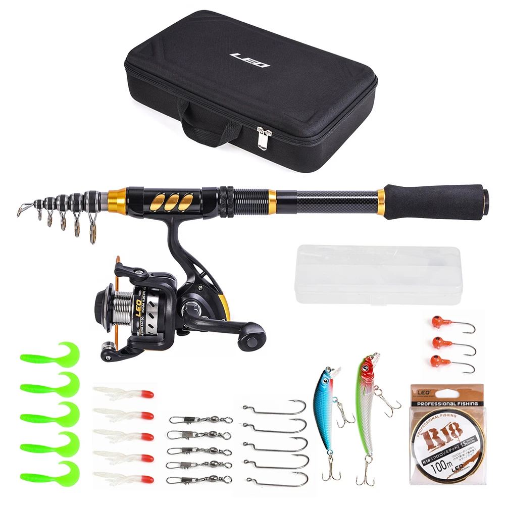 

LEO Telescopic Fishing Rod Reel Combo Set Carbon Fiber Rod with Spinning Reel Fishing Line Lures Hooks Fishing Tackle Pesca