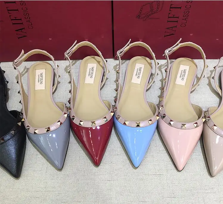 

new style women brand shoes flat sandals with rivets cow patent leather rivet women shoes pointed toe big size 34-43 v logo box