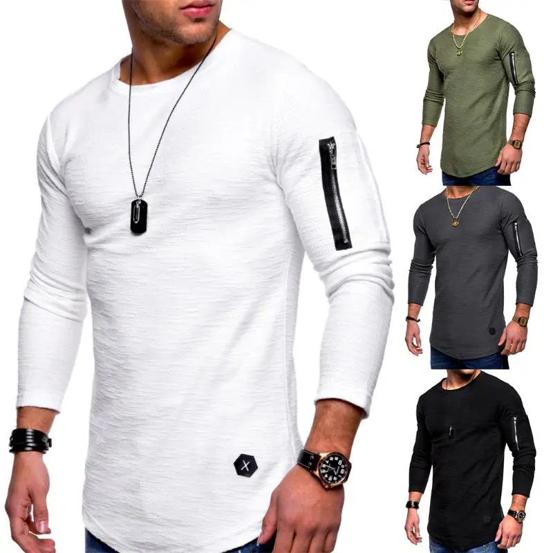 

Mens Long Sleeve Solid Color T-Shirt Pocket On Arms Zipper Patchwork Sport Tops