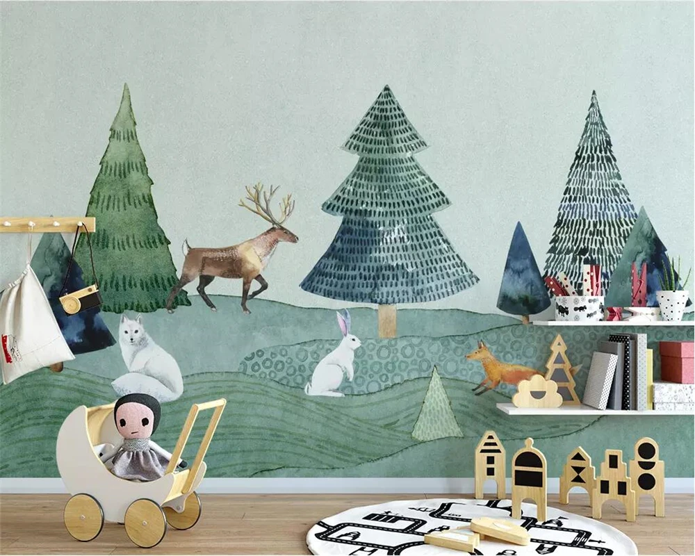

beibehang wallpaper Custom 3D Nordic minimalist hand-painted elk forest animal children's room background living room mural