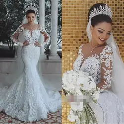 Vestido de noiva сексуальная одежда с длинным рукавом Кружева свадебное платье 2018 Новый видеть сквозь назад кружева платье русалки де mariée