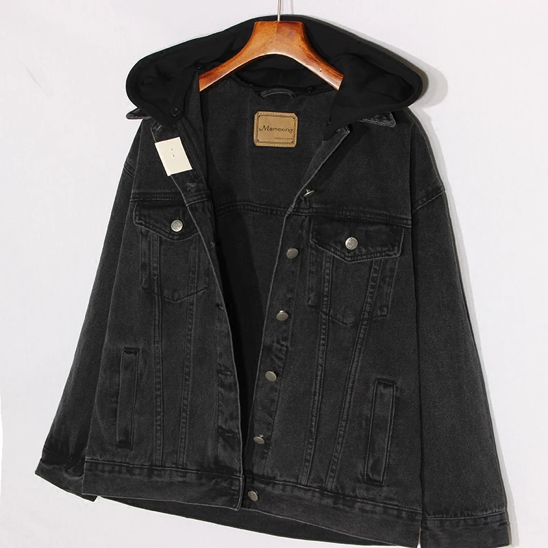 Black Thick Hooded Jeans Coats Women BF Style Loose Casual Demin