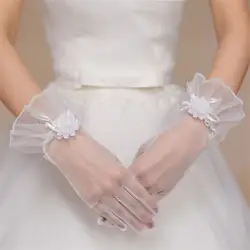 Аппликацией Свадебные перчатки для невесты белый тюль палец Свадебные перчатки Свадебные аксессуары Перчатки Свадебные handschoenen Mingli Tengda