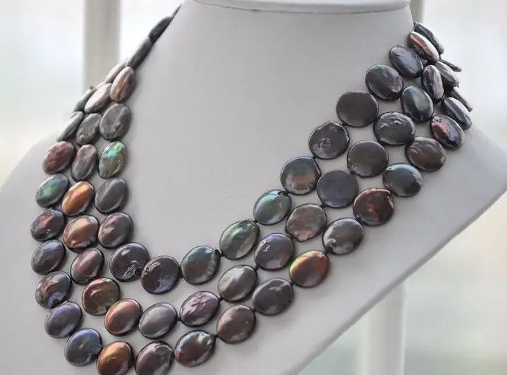 

FREE SHIPPING13-14mm black coin freshwater pearl necklace 50" NEW