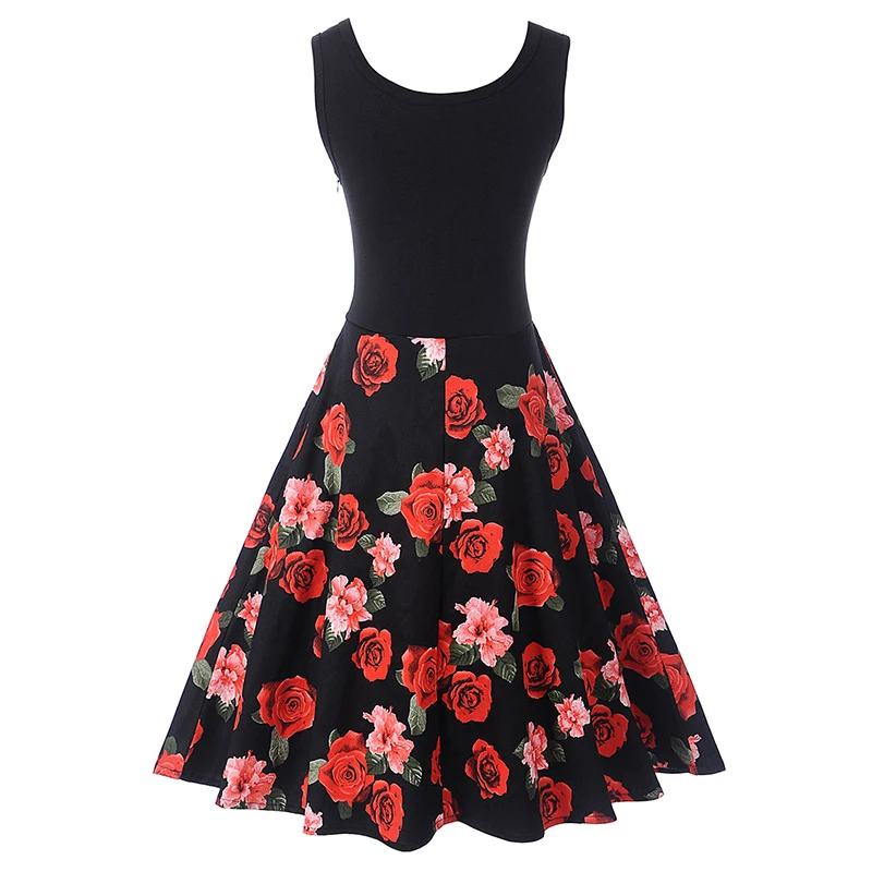 Kostlish Tank Summer Dress Women Sleeveless Patchwork Print Vintage Dress 2017 Elegant Swing Rockabilly Party Dresses Sundress (2)